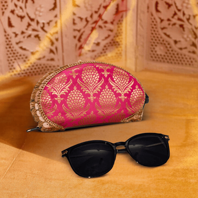 Brocade Silk Mirror Sunglasses Case | Golden - Margenta - ArtFlyck