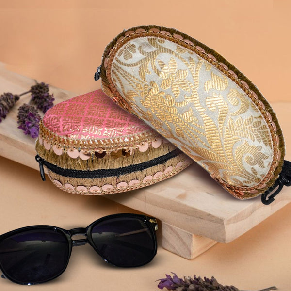 Brocade Silk Sunglasses Case | Golden - Pink - ArtFlyck