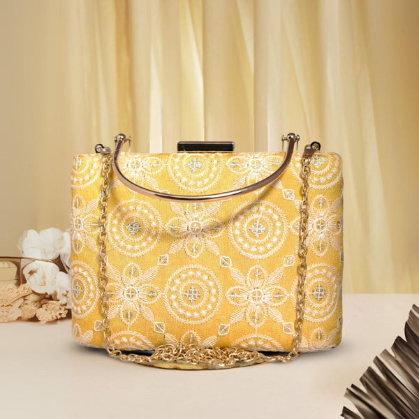 Chikankari Handle Clutch | Yellow - ArtFlyck