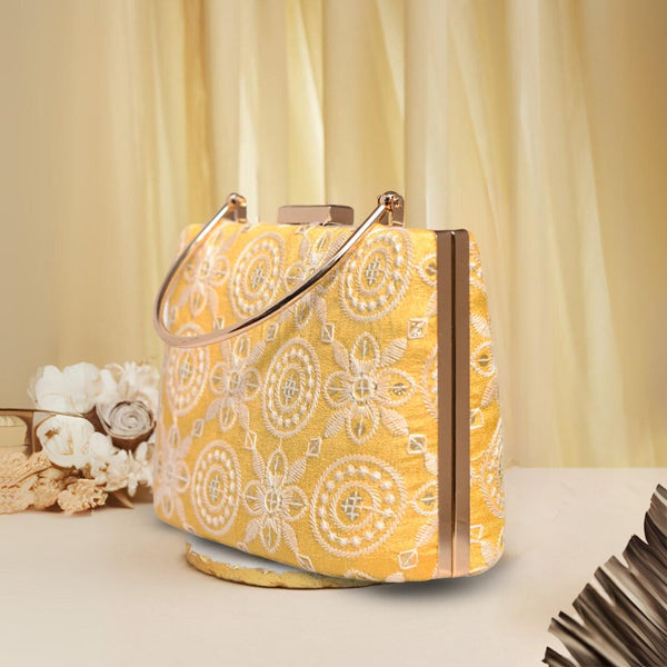 Chikankari Handle Clutch | Yellow - ArtFlyck