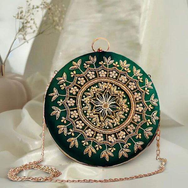 Round Zari Pearl Clutch | Green - ArtFlyck